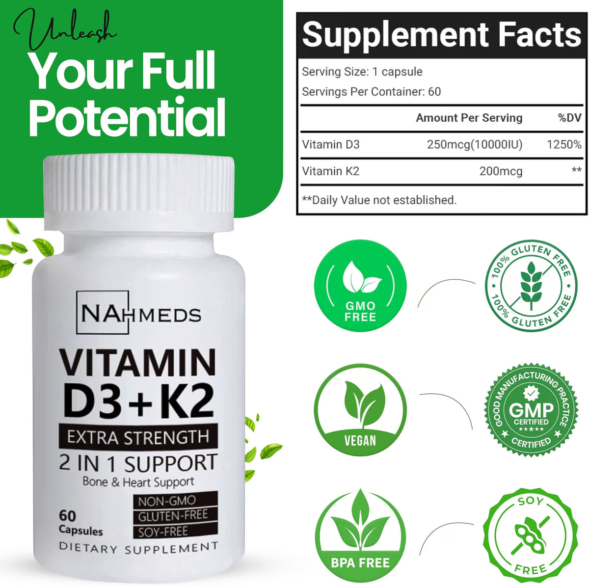 Vitamin D3 + K2 Extra Strength – 60 capsules