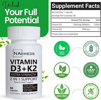 Vitamin D3 + K2 Extra Strength – 60 capsules
